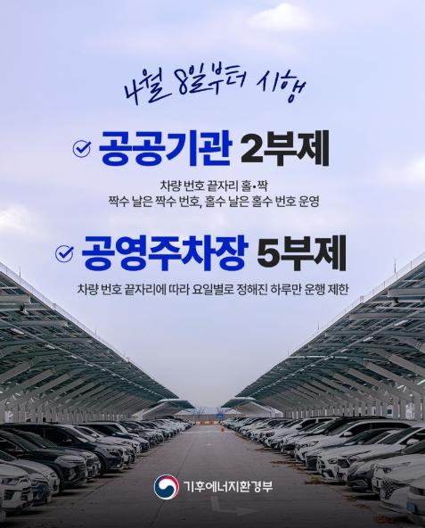 기후에너지환경부, 4월 8일부터, 공공기관 2부제·공영주차장 5부제 시행