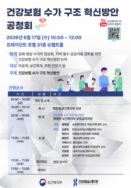 보건복지부, 지역·필수의료 보상 높이고 검사수가 합리화한다 '건강보험 수가구조 혁신 공청회' 개최
