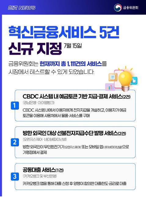 금융위원회, 혁신금융서비스 5건 신규 지정 기사 이미지