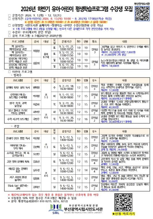 부산시민도서관, 유아·어린이·성인 평생학습프로그램 운영